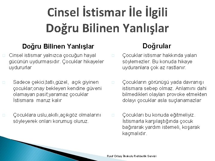 Cinsel İstismar İle İlgili Doğru Bilinen Yanlışlar q Cinsel istismar yalnızca çocuğun hayal gücünün