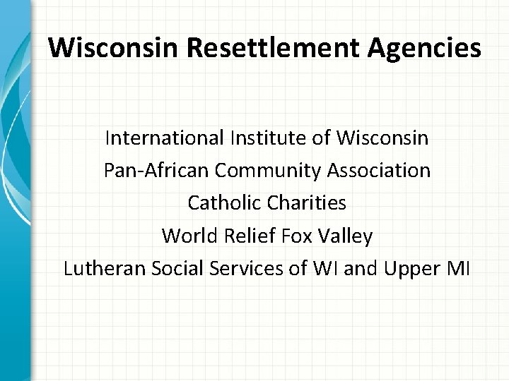 Wisconsin Resettlement Agencies International Institute of Wisconsin Pan-African Community Association Catholic Charities World Relief