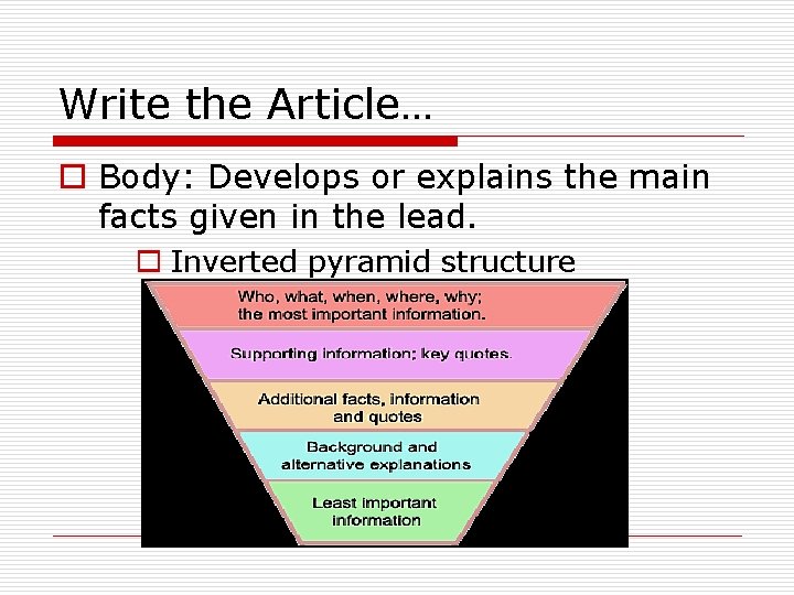 Write the Article… o Body: Develops or explains the main facts given in the