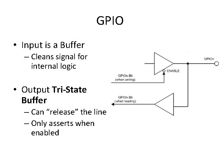 GPIO • Input is a Buffer – Cleans signal for internal logic • Output