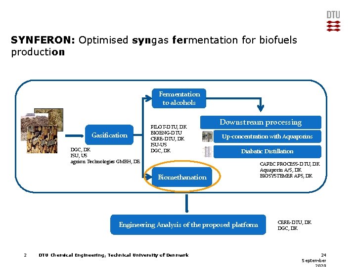SYNFERON: Optimised syngas fermentation for biofuels production Fermentation to alcohols Gasification DGC, DK ISU,