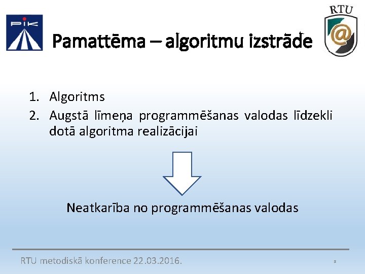 Pamattēma – algoritmu izstrāde 1. Algoritms 2. Augstā līmeņa programmēšanas valodas līdzekli dotā algoritma