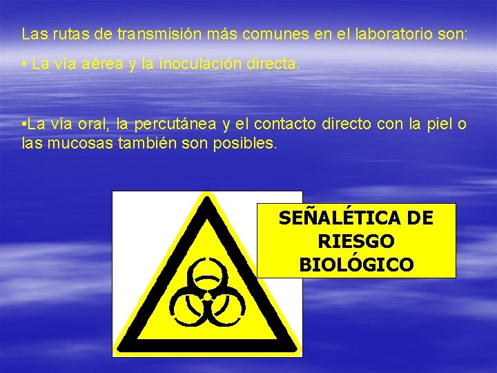 Las rutas de transmisión más comunes en el laboratorio son: • La vía aérea