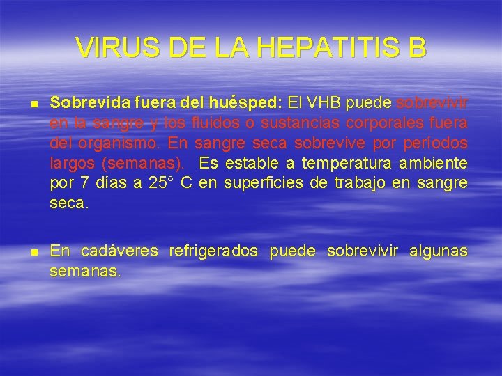 VIRUS DE LA HEPATITIS B n Sobrevida fuera del huésped: El VHB puede sobrevivir