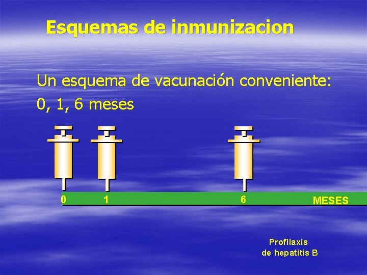 Esquemas de inmunizacion Un esquema de vacunación conveniente: 0, 1, 6 meses 0 1