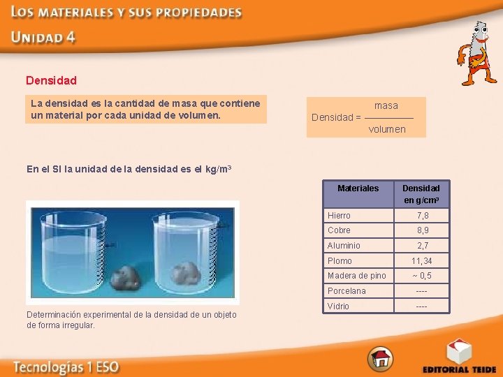 Densidad La densidad es la cantidad de masa que contiene un material por cada