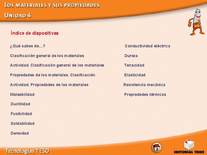Índice de diapositivas ¿Qué sabes de…? Conductividad eléctrica Clasificación general de los materiales Dureza