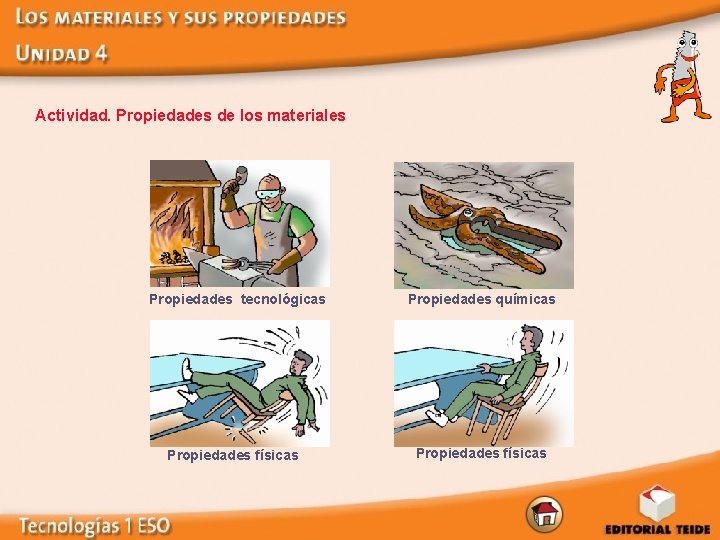 Actividad. Propiedades de los materiales Propiedades tecnológicas Propiedades físicas Propiedades químicas Propiedades físicas 