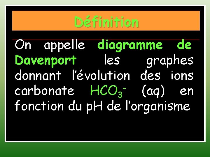 Définition On appelle diagramme de Davenport les graphes donnant l’évolution des ions carbonate HCO