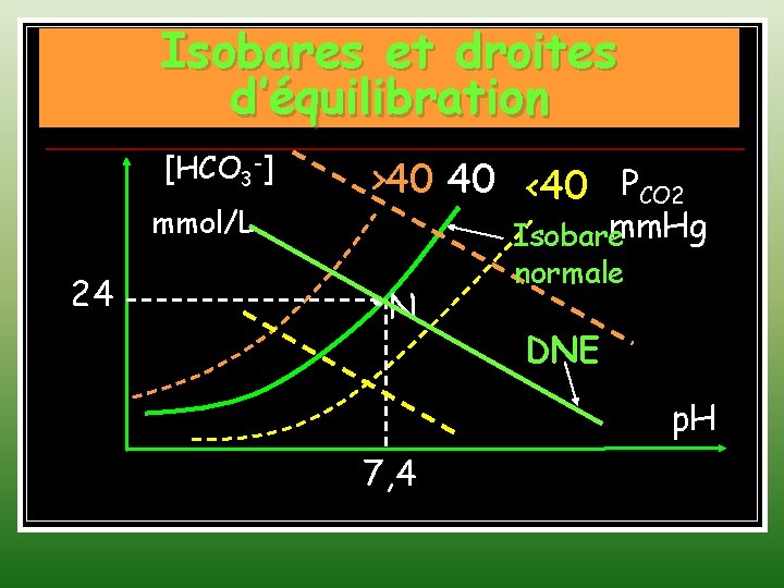 Isobares et droites d’équilibration [HCO 3 -] mmol/L 24 >40 40 <40 PCO 2