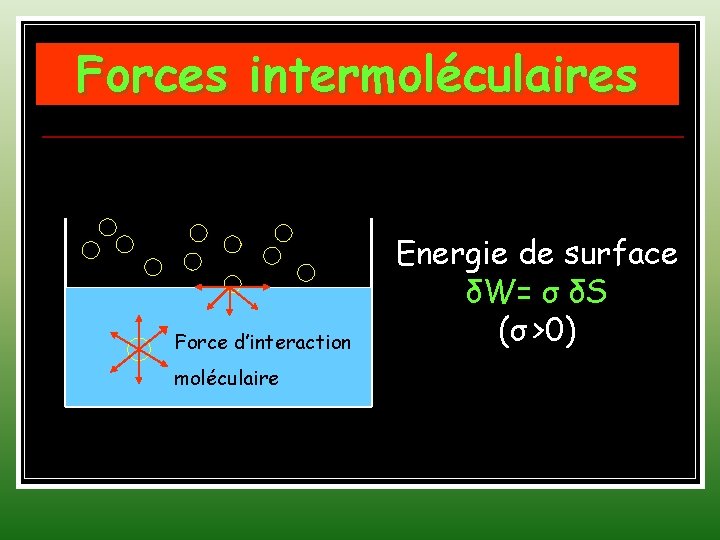 Forces intermoléculaires Force d’interaction moléculaire Energie de surface δW= σ δS (σ >0) 