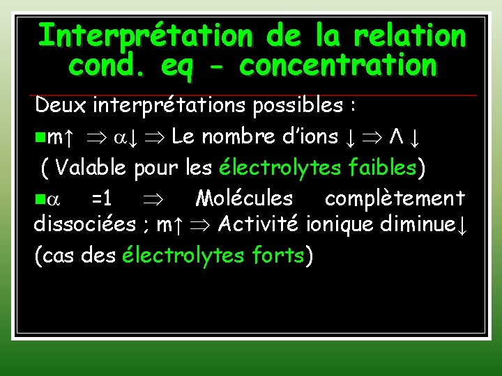 Interprétation de la relation cond. eq - concentration Deux interprétations possibles : m↑ ↓