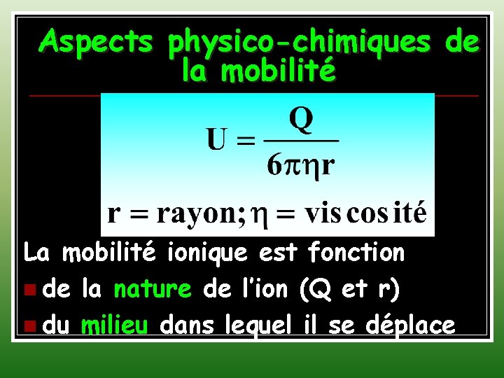 Aspects physico-chimiques de la mobilité La mobilité ionique est fonction de la nature de