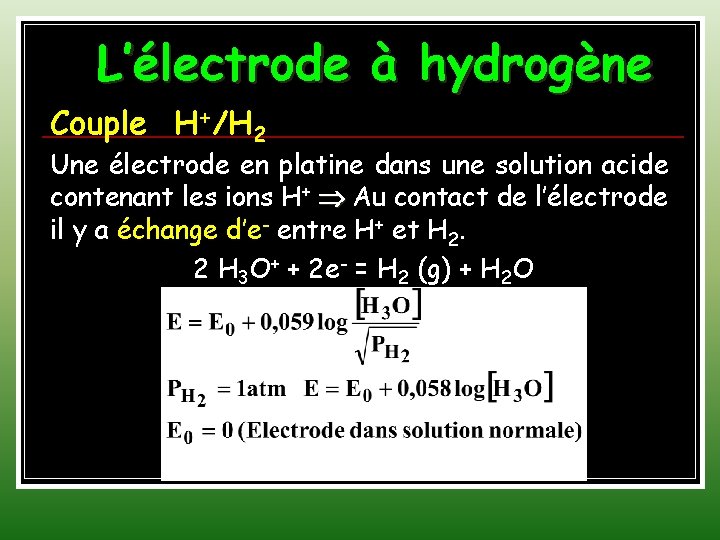 L’électrode à hydrogène Couple H+/H 2 Une électrode en platine dans une solution acide