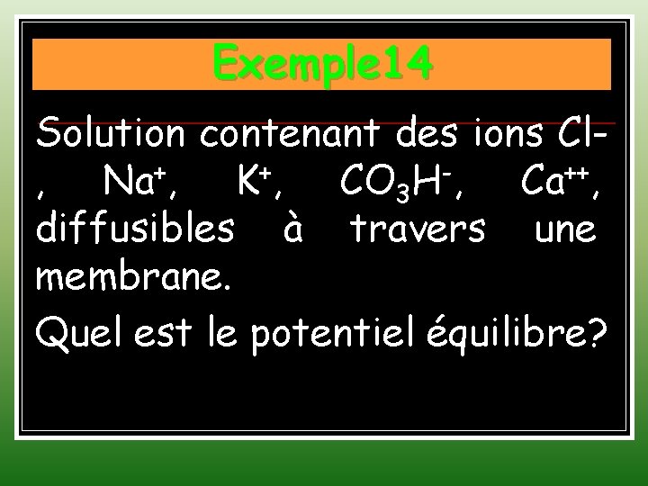 Exemple 14 Solution contenant des ions Cl, Na+, K+, CO 3 H-, Ca++, diffusibles