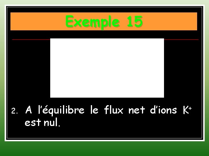 Exemple 15 2. A l’équilibre le flux net d’ions K+ est nul. 