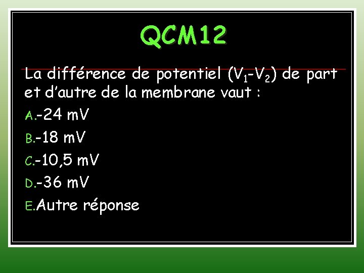 QCM 12 La différence de potentiel (V 1 -V 2) de part et d’autre