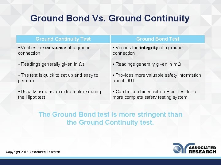 Ground Bond Vs. Ground Continuity Test Ground Bond Test • Verifies the existence of