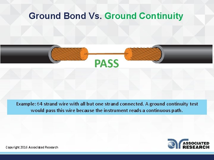 Ground Bond Vs. Ground Continuity Example: 64 strand wire with all but one strand