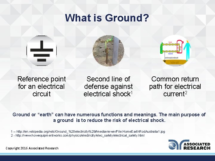 What is Ground? Reference point for an electrical circuit Second line of defense against