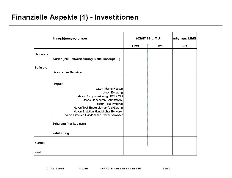 Finanzielle Aspekte (1) - Investitionen Dr. A. S. Schmidt 11. 02. 00 SAP R/3