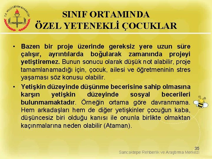 SINIF ORTAMINDA ÖZEL YETENEKLİ ÇOCUKLAR • Bazen bir proje üzerinde gereksiz yere uzun süre