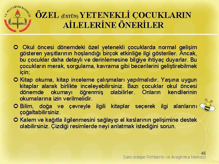 ÖZEL (ÜSTÜN) YETENEKLİ ÇOCUKLARIN AİLELERİNE ÖNERİLER Okul öncesi dönemdeki özel yetenekli çocuklarda normal gelişim