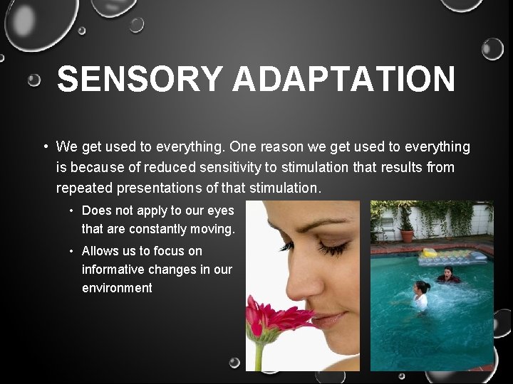 SENSORY ADAPTATION • We get used to everything. One reason we get used to