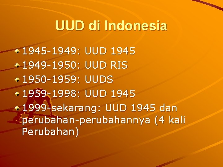 UUD di Indonesia 1945 -1949: UUD 1945 1949 -1950: UUD RIS 1950 -1959: UUDS