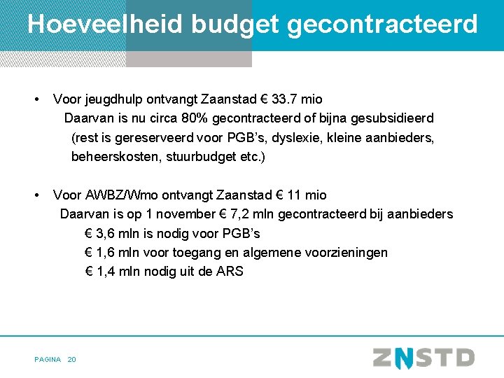 Hoeveelheid budget gecontracteerd • Voor jeugdhulp ontvangt Zaanstad € 33. 7 mio Daarvan is