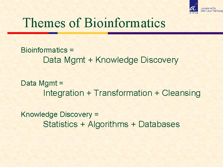 Themes of Bioinformatics = Data Mgmt + Knowledge Discovery Data Mgmt = Integration +