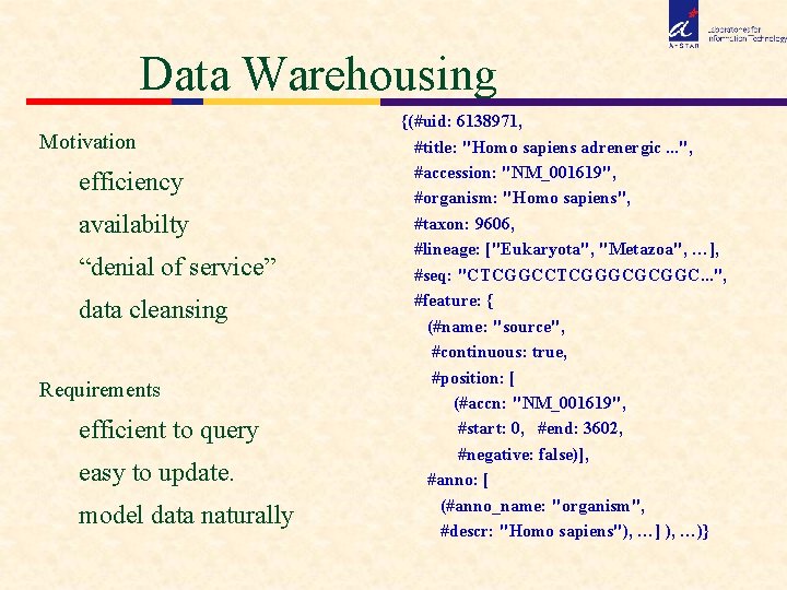 Data Warehousing Motivation efficiency availabilty “denial of service” data cleansing Requirements efficient to query