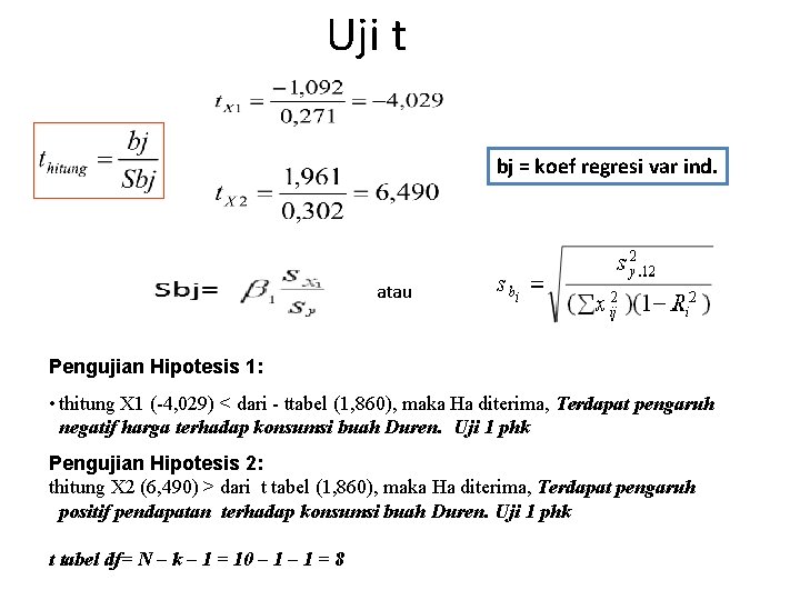 Uji t bj = koef regresi var ind. atau Pengujian Hipotesis 1: • thitung Uji t bj = koef regresi var ind. atau Pengujian Hipotesis 1: • thitung