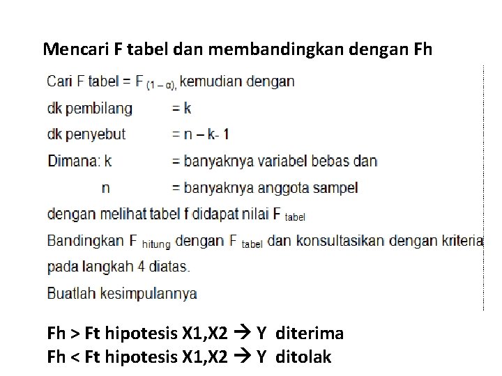 Mencari F tabel dan membandingkan dengan Fh Fh > Ft hipotesis X 1, X Mencari F tabel dan membandingkan dengan Fh Fh > Ft hipotesis X 1, X