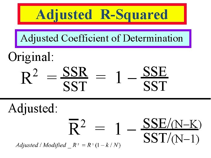 Adjusted R-Squared Adjusted Coefficient of Determination Original: 2 R = SSR SST = 1 Adjusted R-Squared Adjusted Coefficient of Determination Original: 2 R = SSR SST = 1