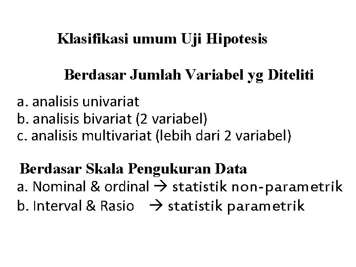 Klasifikasi umum Uji Hipotesis Berdasar Jumlah Variabel yg Diteliti a. analisis univariat b. analisis Klasifikasi umum Uji Hipotesis Berdasar Jumlah Variabel yg Diteliti a. analisis univariat b. analisis