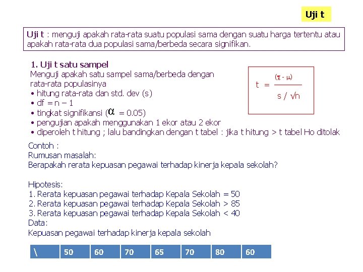 Uji t : menguji apakah rata-rata suatu populasi sama dengan suatu harga tertentu atau Uji t : menguji apakah rata-rata suatu populasi sama dengan suatu harga tertentu atau