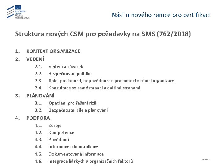 Nástin nového rámce pro certifikaci Struktura nových CSM pro požadavky na SMS (762/2018) 1.
