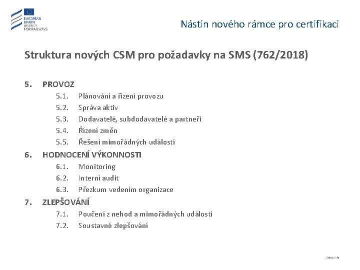 Nástin nového rámce pro certifikaci Struktura nových CSM pro požadavky na SMS (762/2018) 5.