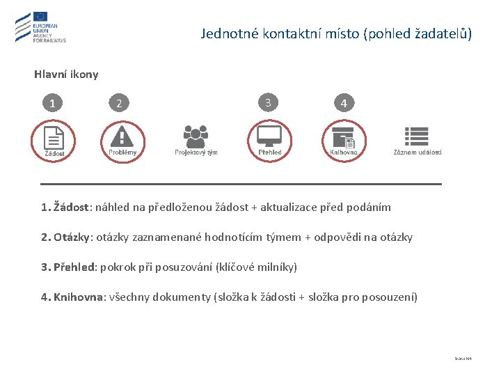 Jednotné kontaktní místo (pohled žadatelů) Hlavní ikony 1 2 3 4 1. Žádost: náhled