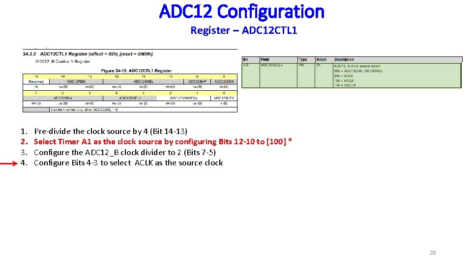 ADC 12 Configuration Register – ADC 12 CTL 1 1. 2. 3. 4. Pre-divide