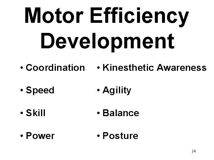 Motor Efficiency Development • Coordination • Kinesthetic Awareness • Speed • Agility • Skill