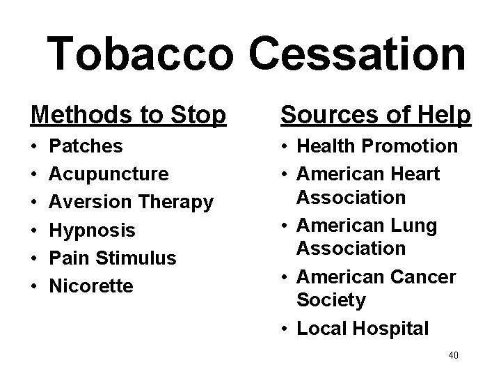 Tobacco Cessation Methods to Stop Sources of Help • • Health Promotion • American
