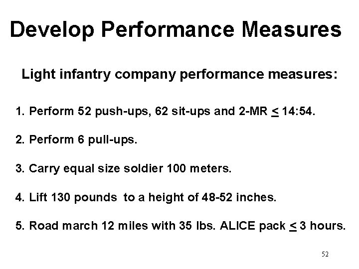 Develop Performance Measures Light infantry company performance measures: 1. Perform 52 push-ups, 62 sit-ups