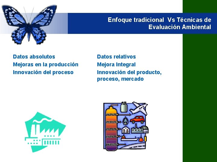 Enfoque tradicional Vs Técnicas de Evaluación Ambiental Datos absolutos Mejoras en la producción Innovación