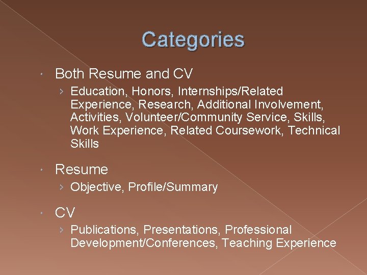 Categories Both Resume and CV › Education, Honors, Internships/Related Experience, Research, Additional Involvement, Activities,