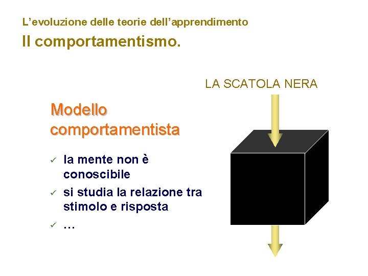 L’evoluzione delle teorie dell’apprendimento Il comportamentismo. LA SCATOLA NERA Modello comportamentista ü ü ü