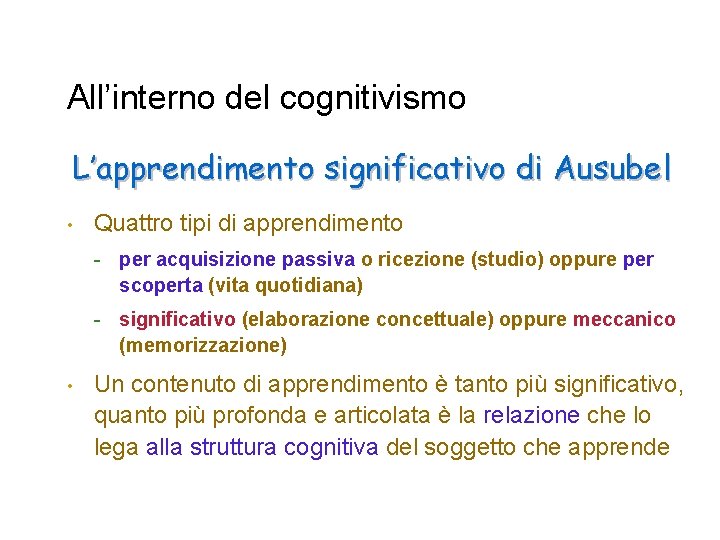 All’interno del cognitivismo L’apprendimento significativo di Ausubel • Quattro tipi di apprendimento - per