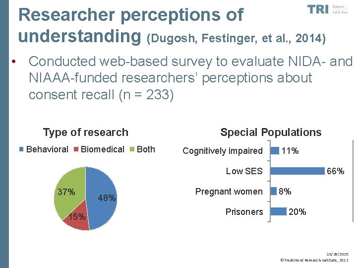 Researcher perceptions of understanding (Dugosh, Festinger, et al. , 2014) • Conducted web-based survey