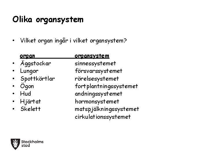 Olika organsystem • Vilket organ ingår i vilket organsystem? • • organ Äggstockar Lungor